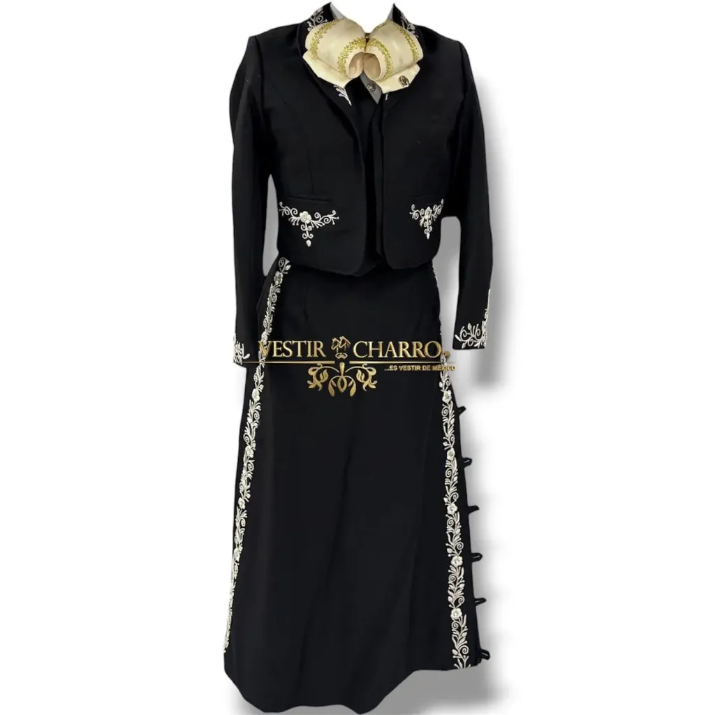 01 TRAJE DAMA NEGRO TALLA L, FALDA M BORDADO HILO GALA COMPLETA CHAPEADA EN PLATA