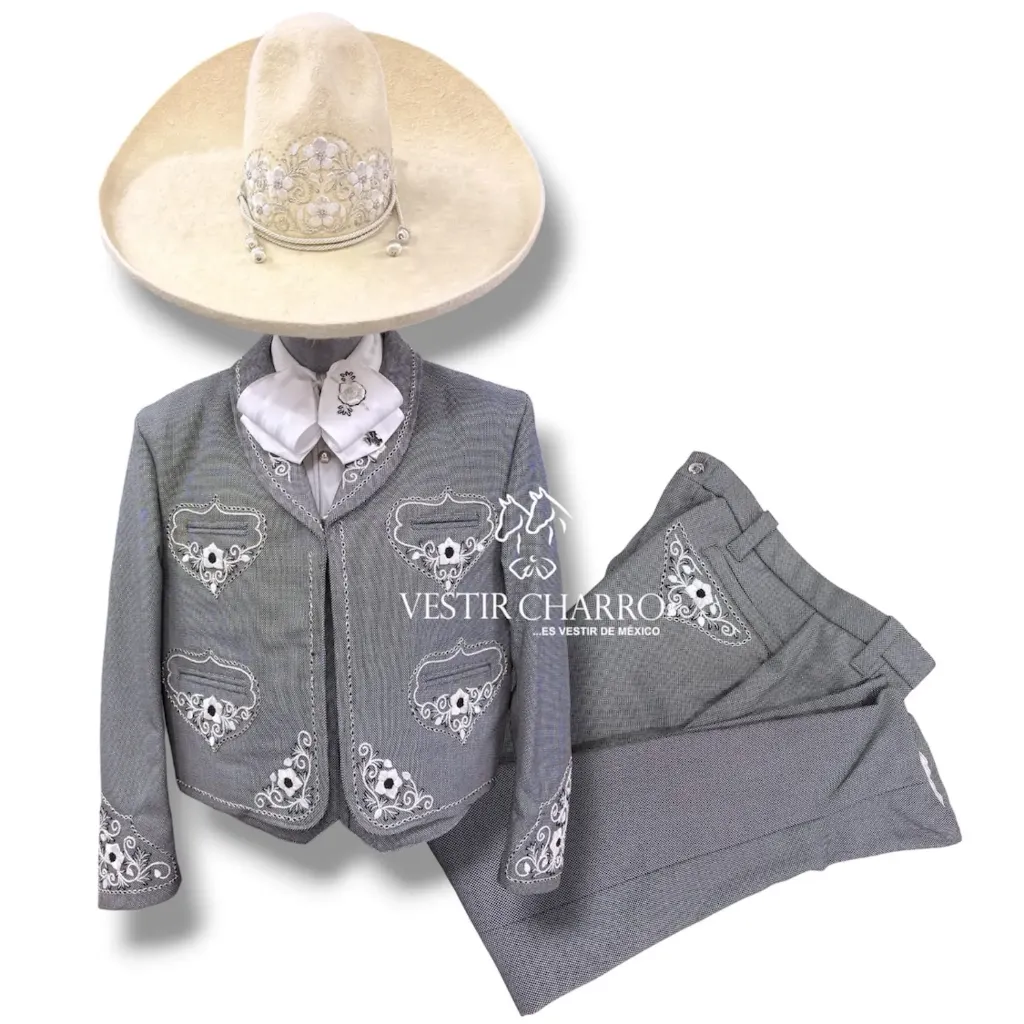 01 TRAJE GRIS OJO DE PERDIZ TALLA XL, 40X32 CANUTILLO GALA COMPLETA CHAPEADA EN PLATA