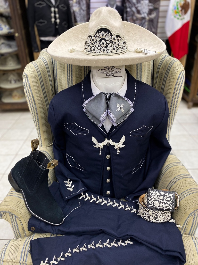 TRAJE S BORDADO EN HILO AZUL RAYAS GALA COMPLETA L, 40X31