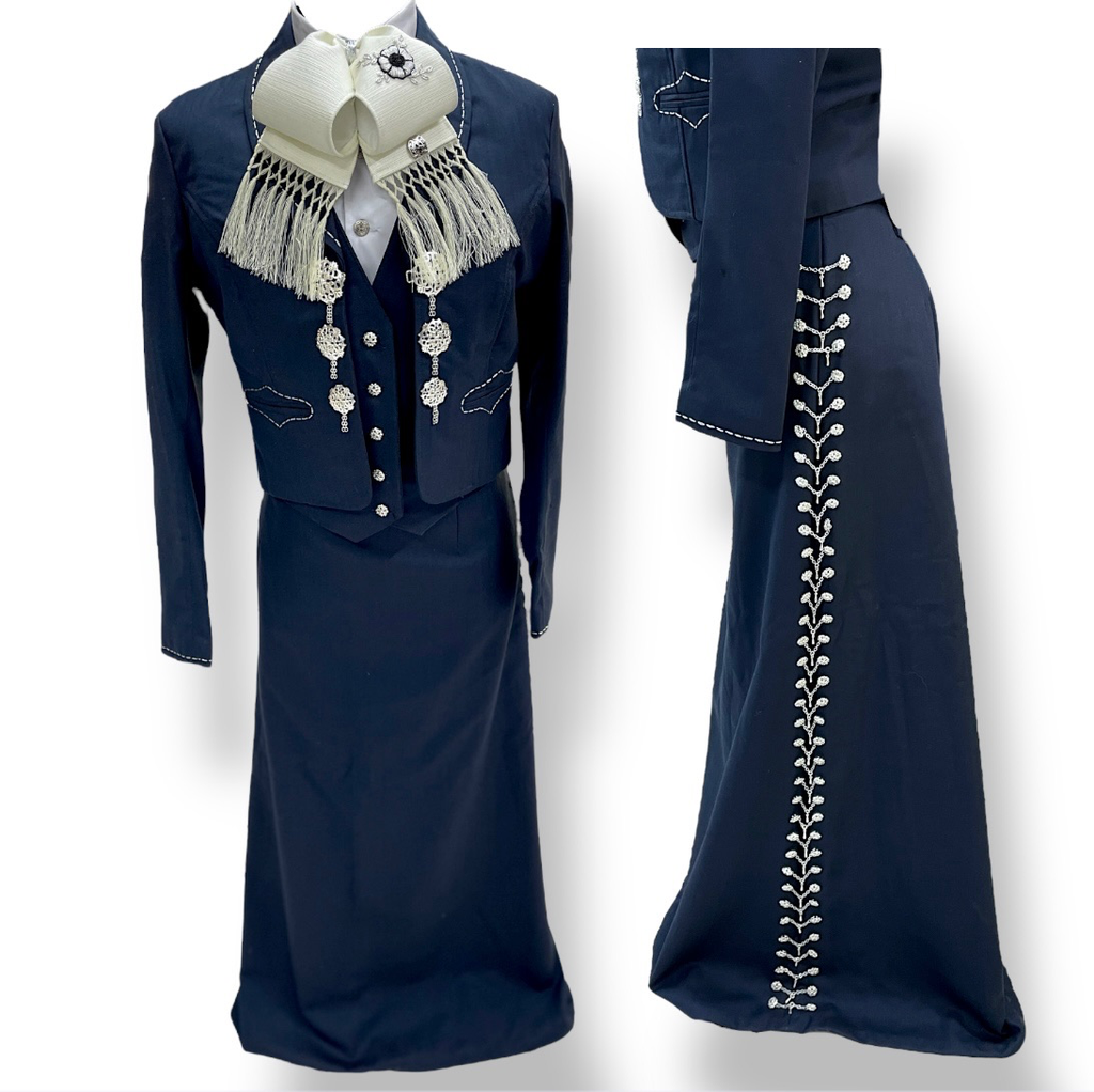 01 TRAJE DAMA AZUL TALLA M, FALDA G PESPUNTE GALA COMPLETA CHAPEADA EN PLATA