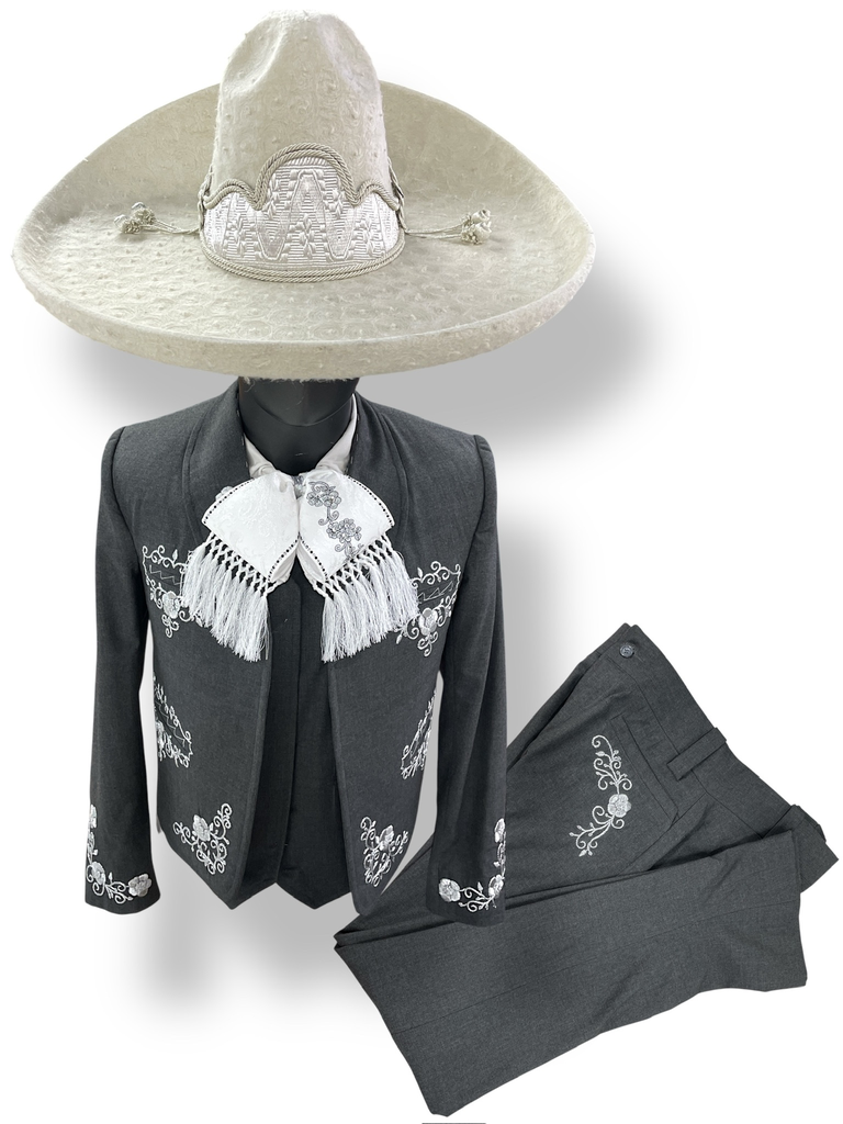 TRAJE S BORDADO EN HILO GRIS GALA COMPLETA TALLA S, 36X30