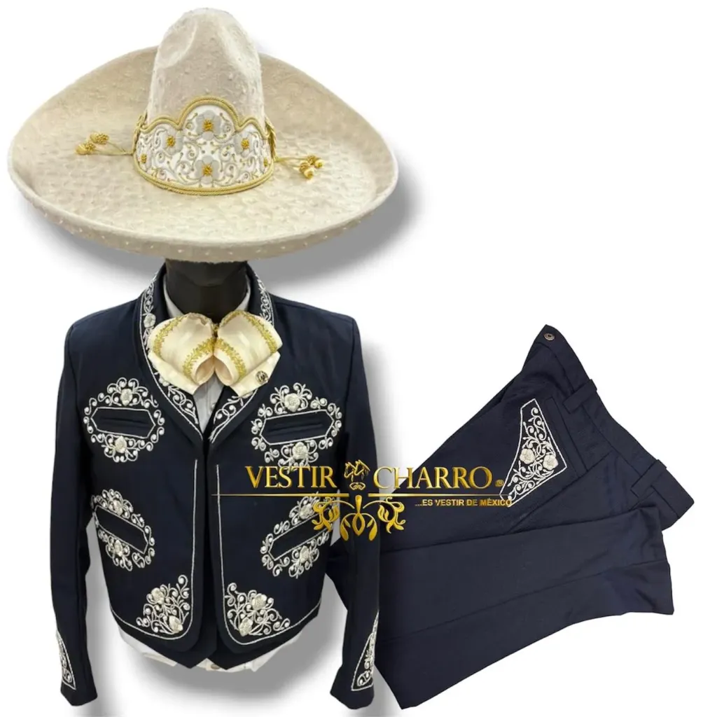 01 TRAJE AZUL TALLA L, 36X32 BORDADO HILO GALA COMPLETA CHAPEADA EN PLATA