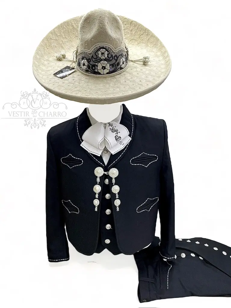 TRAJE NEGRO BORDADO PESPUNTE GALA COMPLETA