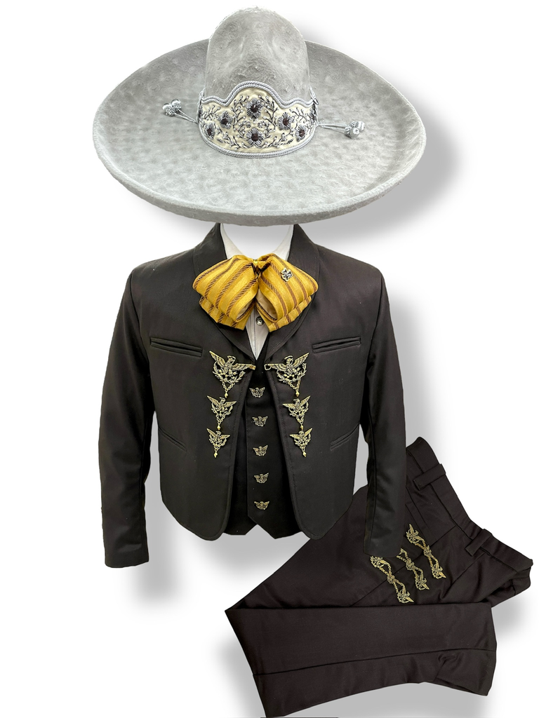 01 TRAJE CAFE TALLA M, 34X32 LISO MEDIA GALA CHAPEADA EN PLATA