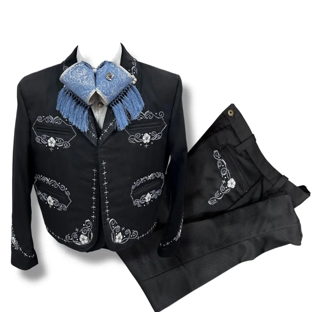 01 TRAJE NEGRO TALLA L, 36X32 CANUTILLO GALA COMPLETA CHAPEADA EN PLATA