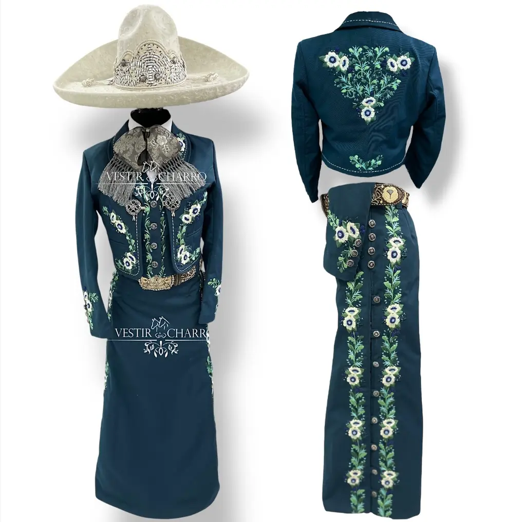 TRAJE DAMA BORDADO EN HILO VERDE GALA COMPLETA 