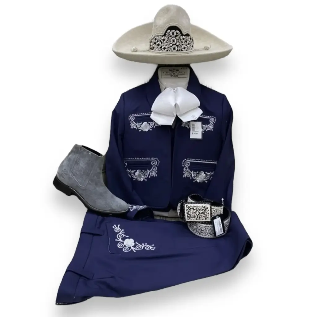 TRAJE BORDADO HILO AZUL GALA COMPLETA 