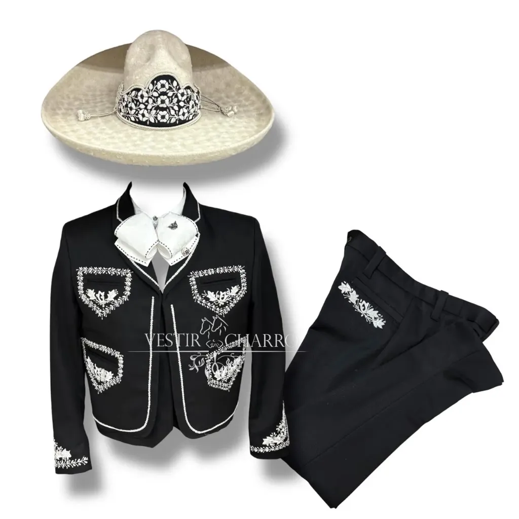 01 TRAJE NEGRO TALLA L, 36X32 CANUTILLO TUPIDO GALA COMPLETA CHAPEADA EN PLATA