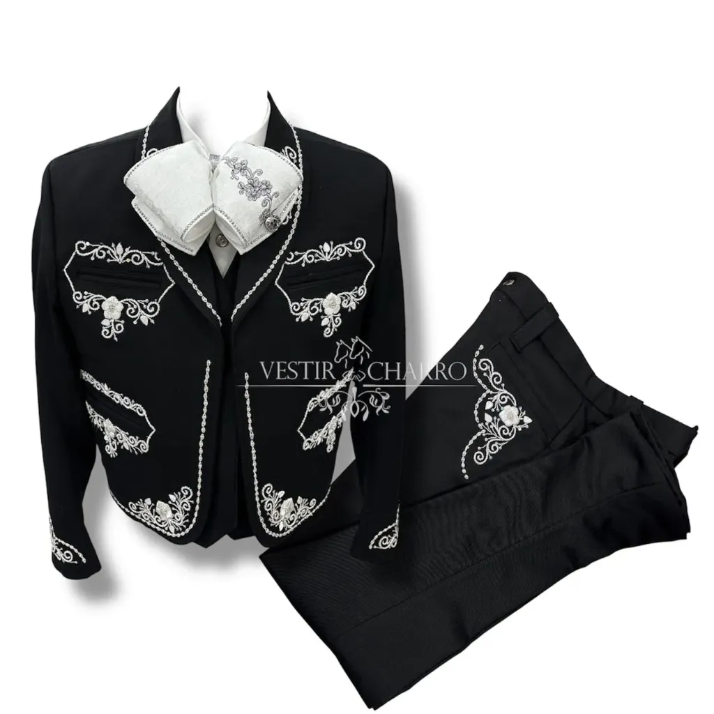 02 TRAJE NEGRO TALLA M, 34X32 CANUTILLO GALA COMPLETA CHAPEADA EN PLATA