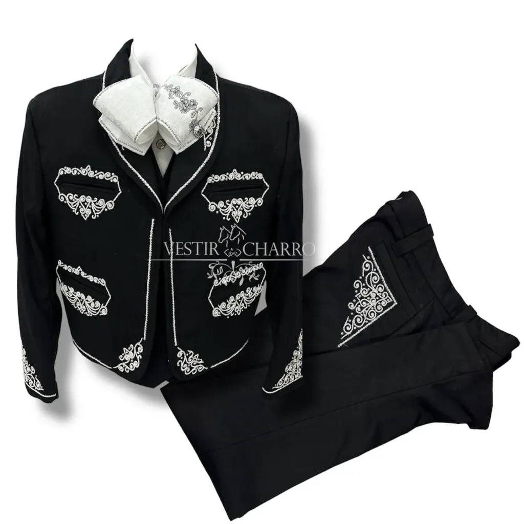 02 TRAJE NEGRO TALLA L, 36X32 CANUTILLO GALA COMPLETA CHAPEADA EN PLATA