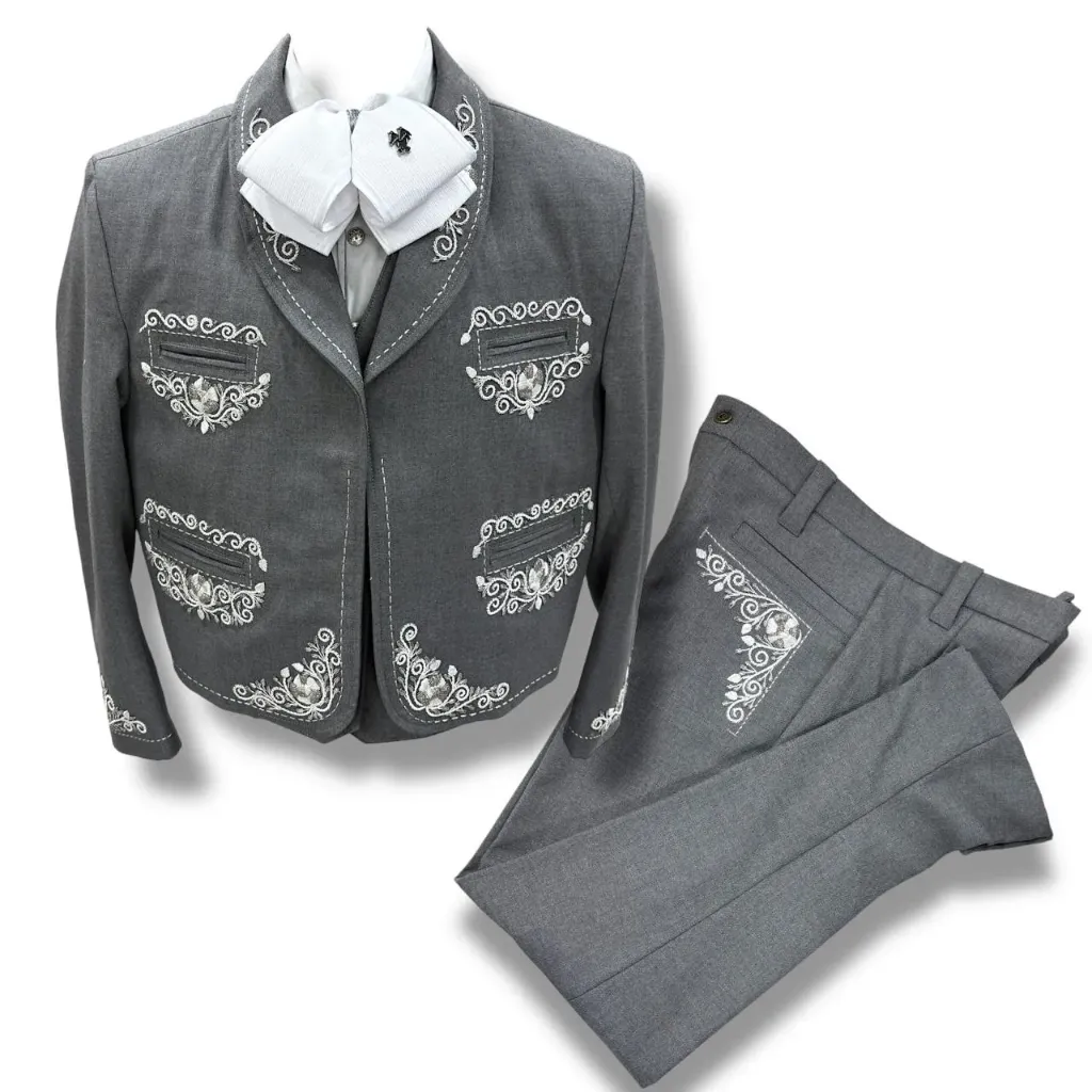 01 TRAJE GRIS TALLA XL, 36X30 CANUTILLO GALA COMPLETA CHAPEADA EN PLATA