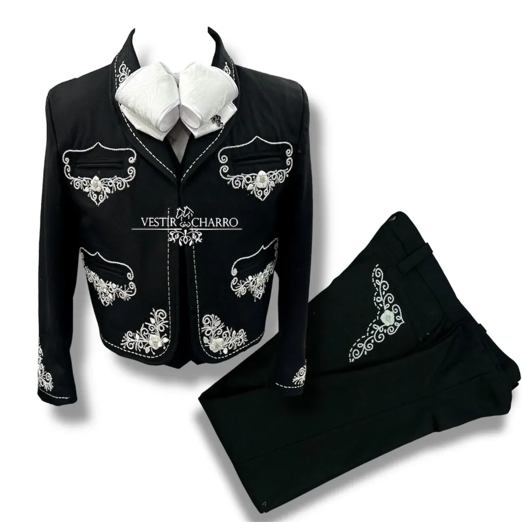 04 TRAJE NEGRO TALLA L, 36X32 CANUTILLO GALA COMPLETA CHAPEADA EN PLATA