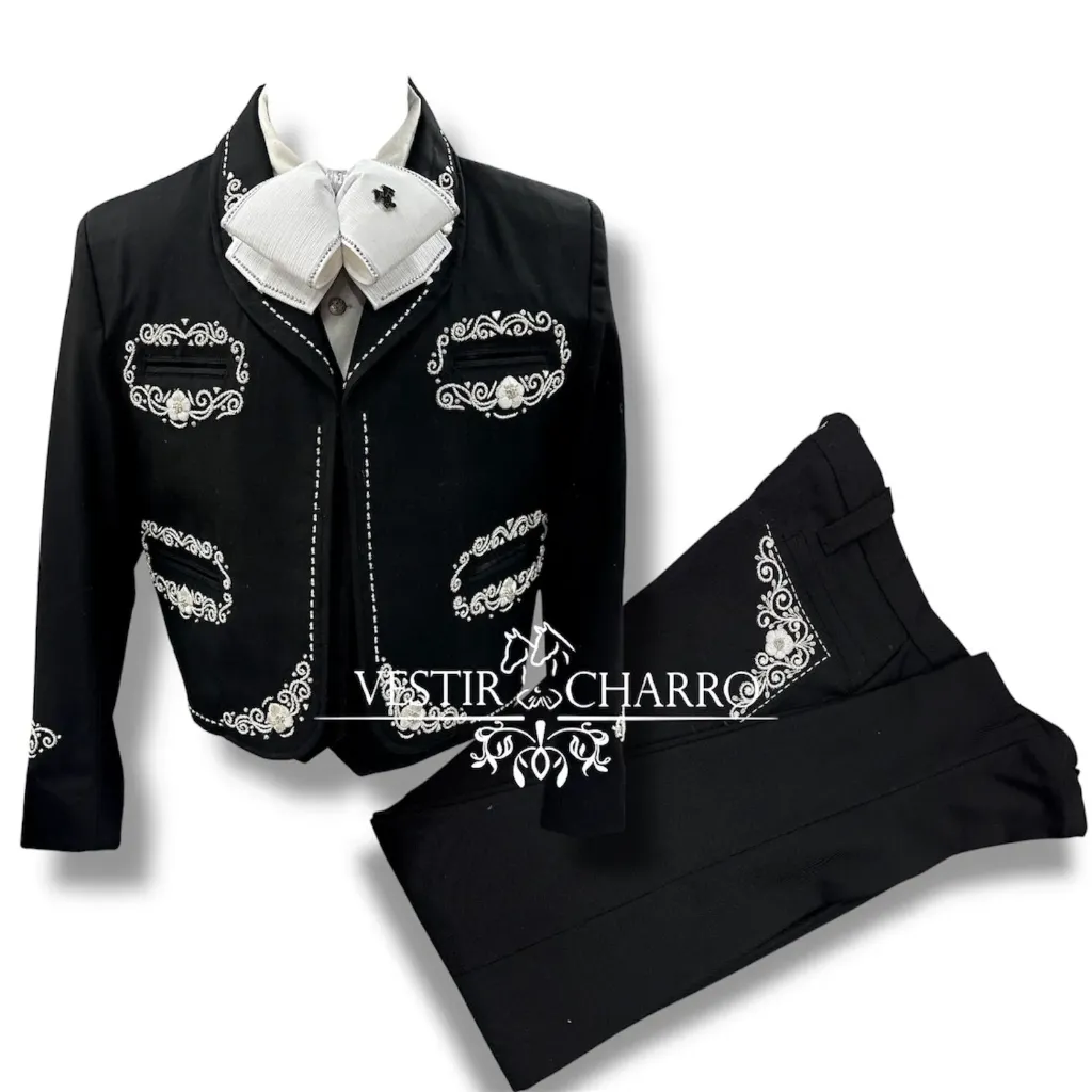 01 TRAJE NEGRO TALLA L, 38X34 CANUTILLO GALA COMPLETA CHAPEADA EN PLATA