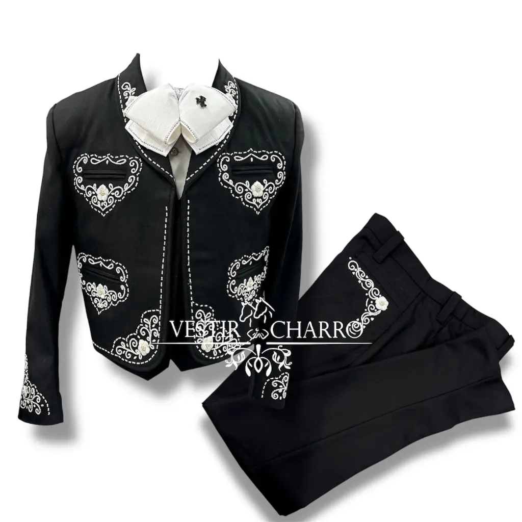 01 TRAJE NEGRO TALLA L, 36X34 CANUTILLO GALA COMPLETA CHAPEADA EN PLATA