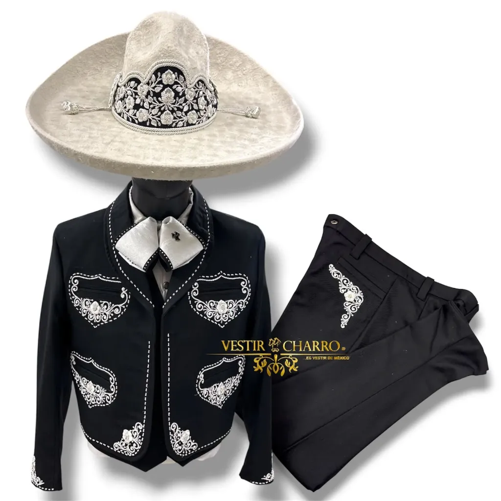 06 TRAJE NEGRO TALLA L, 36X32 CANUTILLO GALA COMPLETA CHAPEADA EN PLATA