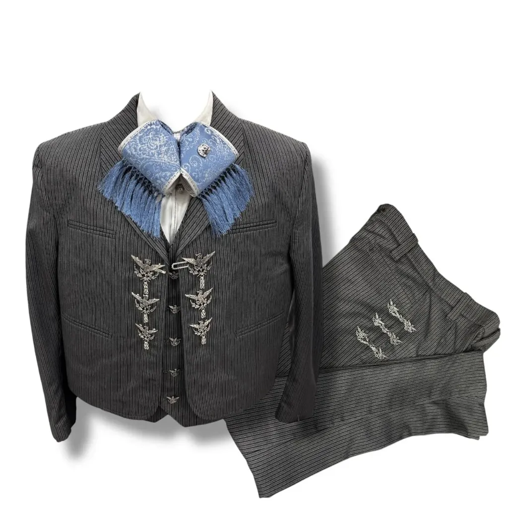 01 TRAJE GRIS RAYAS TALLA L, 34X32 LISO MEDIA GALA CHAPEADA EN PLATA