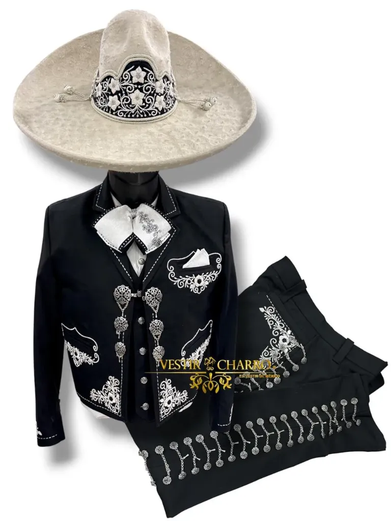 01 TRAJE NEGRO TALLA L, 38X32 CANUTILLO GALA COMPLETA CHAPEADA EN PLATA