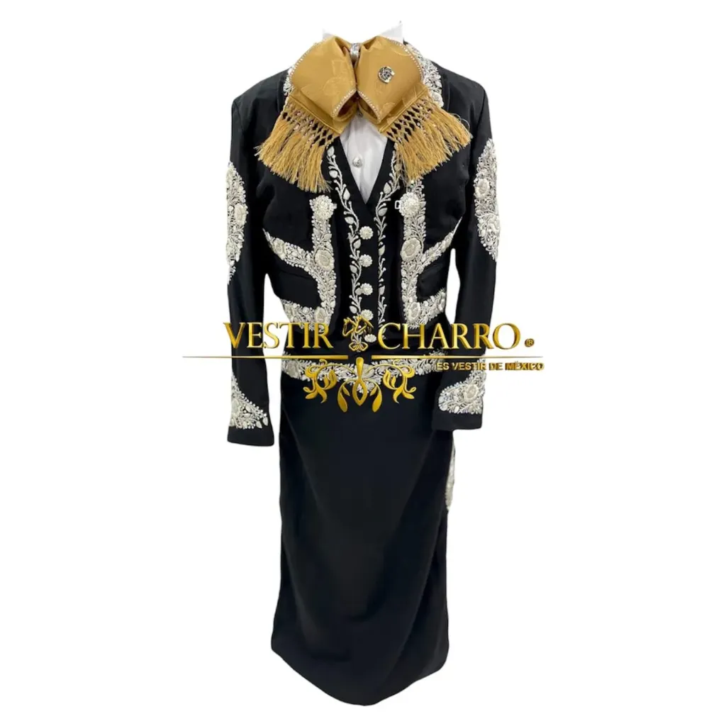 01 TRAJE DAMA NEGRO TALLA M, FALDA M BORDADO HILO GALA COMPLETA CHAPEADA EN PLATA