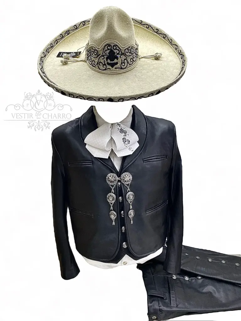 TRAJE NEGRO PIEL GRANDE 36X32 GALA COMPLETA 